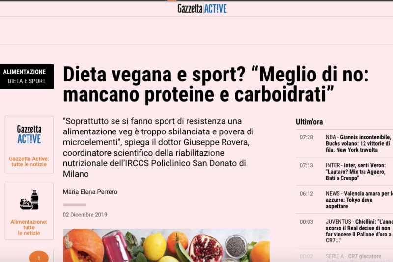 Gazzetta dello Sport - Dieta vegana e sport? "Meglio di no: è troppo povera di proteine"